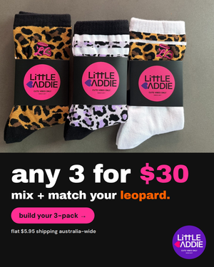 Little Baddie leopard, purple leopard and leopard stripe socks for girls