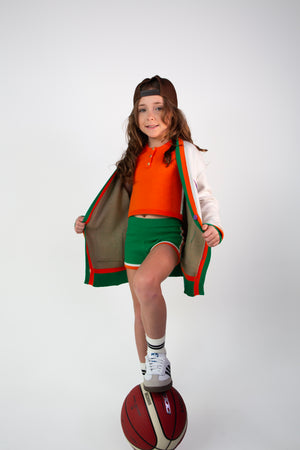 Girls cotton knit shorts in green by Little Baddie with premium textured finish, stylish boutique shorts for girls aged 5 to 12, with cardigan, Girls knit cardigan by Little Baddie with relaxed fit and premium knit texture, stylish layering piece for girls age