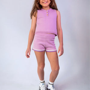 Purple girls knit tank and shorts with gold snap buttons by Little Baddie FullBody Front standing white background with cap on