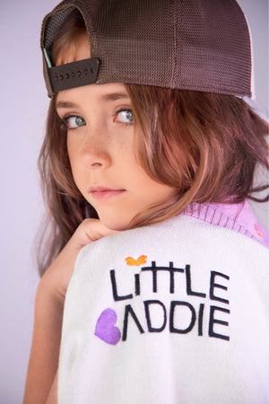 Purple girls knit cardigan with relaxed fit by Little Baddie, trendy boutique layering piece for tween girls aged 5 to 12 , backside detail