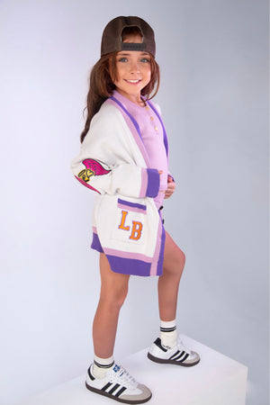 Purple girls knit cardigan with relaxed fit by Little Baddie, trendy boutique layering piece for tween girls aged 5 to 12 