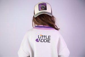 Purple girls knit cardigan with relaxed fit by Little Baddie, trendy boutique layering piece for tween girls aged 5 to 12 , backside with cap