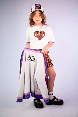 Purple girls knit cardigan with relaxed fit by Little Baddie, trendy boutique layering piece for tween girls aged 5 to 12 , back side