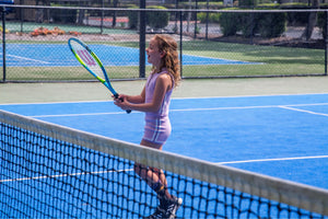 Purple girls knit tank with gold snap buttons by Little Baddie FullBody Side View playing Tennis