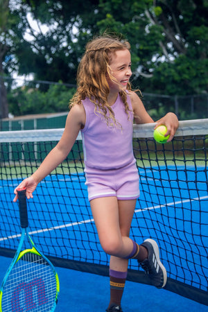 Purple girls knit tank and short with gold snap buttons by Little Baddie FullBody Front sport
