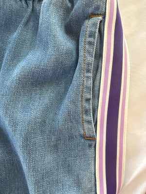 Girls wide leg pants in blue jeans by Little Baddie with sporty side tape detail, trendy streetwear style for girls aged 5 to 12, detail