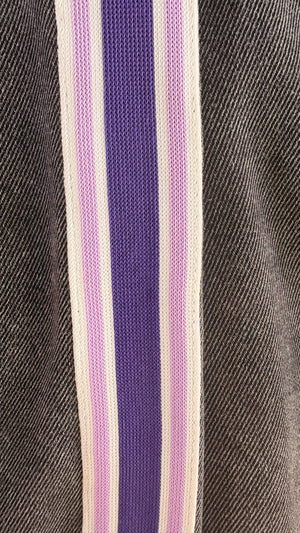 girls wide leg pants in black with sporty side purple/pink/white tape detail by Little Baddie, trendy tween streetwear outfit , detail side strip / tape