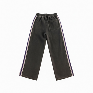 girls wide leg pants in black with sporty side purple/pink/white tape detail by Little Baddie, trendy tween streetwear outfit , product only back