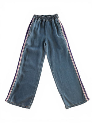 Girls wide leg pants in blue jeans by Little Baddie with sporty side tape detail, trendy streetwear style for girls aged 5 to 12, product only