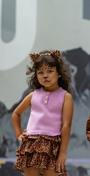 Girl in purple Uniform knit tank and leopard ruffle skirt with leopard cat ears and face paint – Little Baddie Halloween